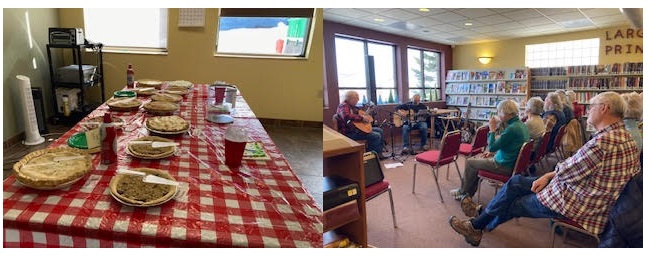 The pie table alongside many who showed up for our mini concert!