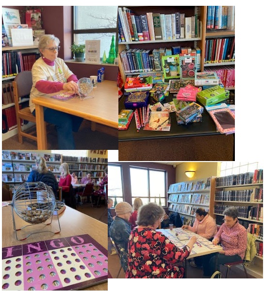 Peg calling bingo numbers, a table of all the gifts, and many folks playing.