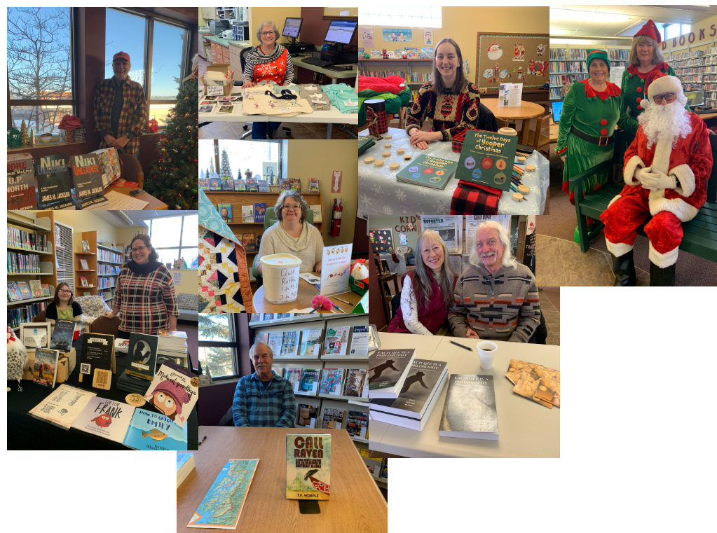 Many of our local authors in the library, as well as goodies and Evelyn manning the quilt raffle.
